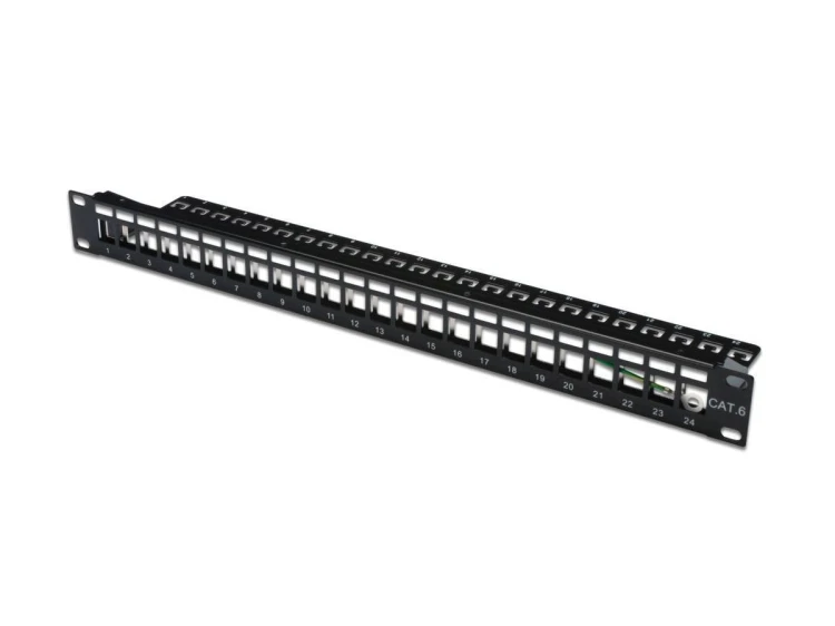 Digitus Panel krosowy (patch panel) modularny 19" 24 porty pod moduły keystone, 1U, ekranowany, prowadnica kabli, pola opisowe, czarny