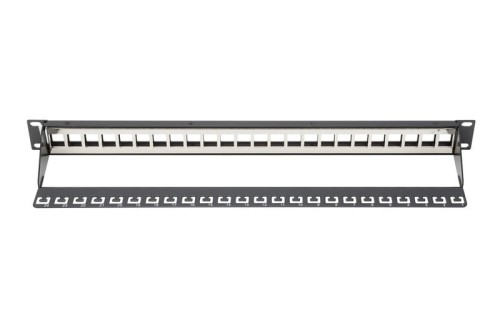 Digitus Panel krosowy (patch panel) modularny 19" 24 porty pod moduły keystone, 1U, ekranowany, prowadnica kabli, pola opisowe, czarny