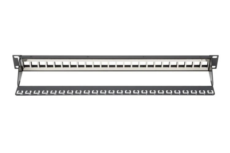 Digitus Panel krosowy (patch panel) modularny 19" 24 porty pod moduły keystone, 1U, ekranowany, prowadnica kabli, pola opisowe, czarny