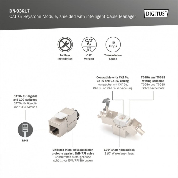 Digitus Moduł Keystone RJ45 (8P8C) kat. 6A STP, LSA, beznarzędziowy