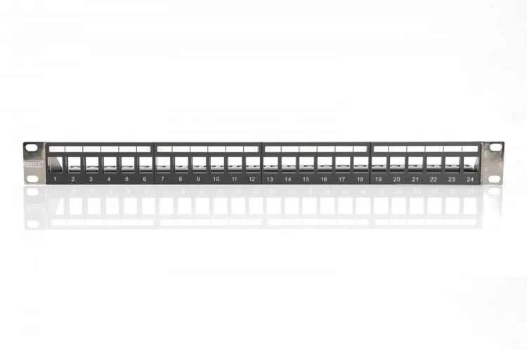 Digitus Panel krosowy (patch panel) modularny 19" 24 porty pod moduły keystone, 1U, ekranowany, prowadnica kabli, wymienne pola opisowe Czarny