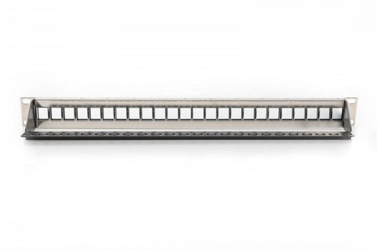 Digitus Panel krosowy (patch panel) modularny 19" 24 porty pod moduły keystone, 1U, ekranowany, prowadnica kabli, wymienne pola opisowe Czarny