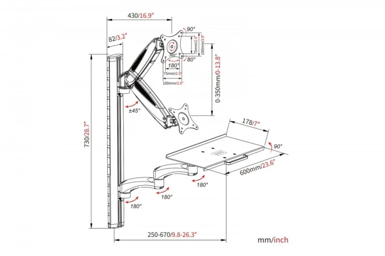 Digitus Ramię naścienne pojedyncze 1xLCD + klawiatura, max. 32" i 8kg uchylno-obrotowe 360° (PIVOT)