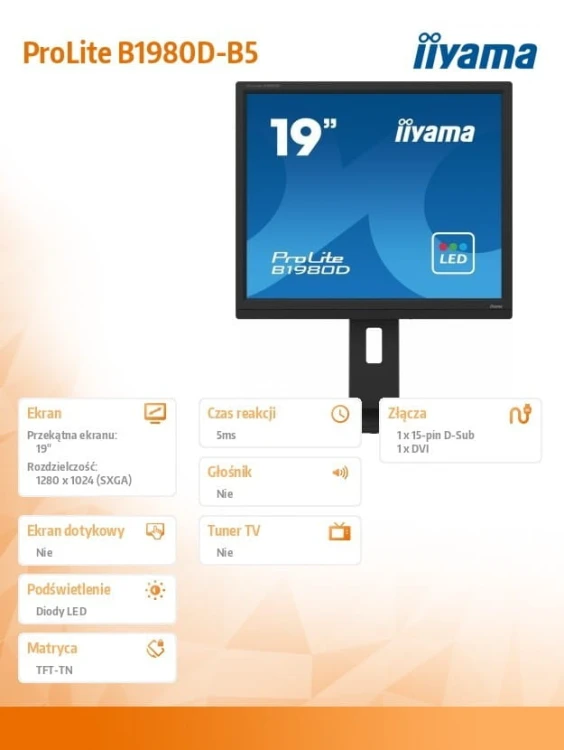IIYAMA Monitor 19 cali B1980D-B5 DVI,VGA,PIVIOT,HAS/150mm,5:4