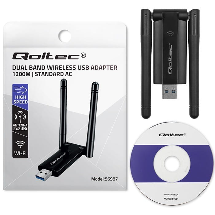 Qoltec Szybki bezprzewodowy adapter USB DUAL Wi-Fi 2 x 2dBi | Standard  AC | USB 3.0 | 1200Mbps