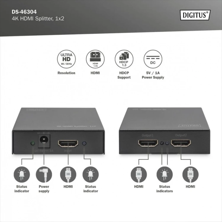 Digitus Rozdzielacz/Splitter HDMI 2-portowy, 4K 30Hz UHD 3D, HDCP 1.3, audio