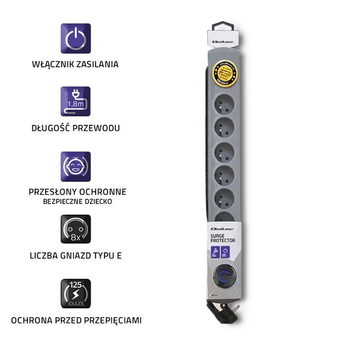 Qoltec Listwa antyprzepięciowa Quick Switch, 8 gniazd, 1,8m, szara