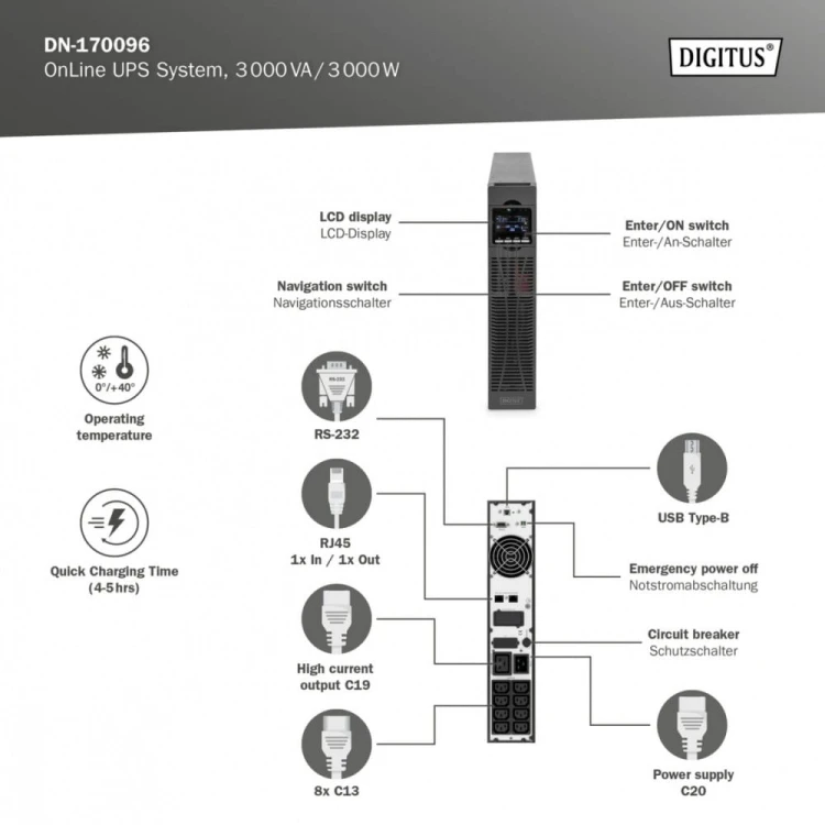 Digitus Zasilacz awaryjny UPS Online Rack 19" LCD, 3000VA/3000W, 6x12V/9Ah, 8xC13, 1xC19, USB, RS232, RJ45