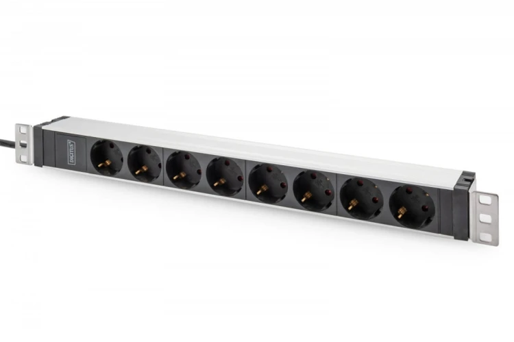 Digitus Listwa zasilająca PDU 19" Rack, 8x gniazdo ze stykami ochronnymi unischuko 16A/230V, 1x wtyczka IEC C20, 16A, przewód zasilający 2 m, Aluminio
