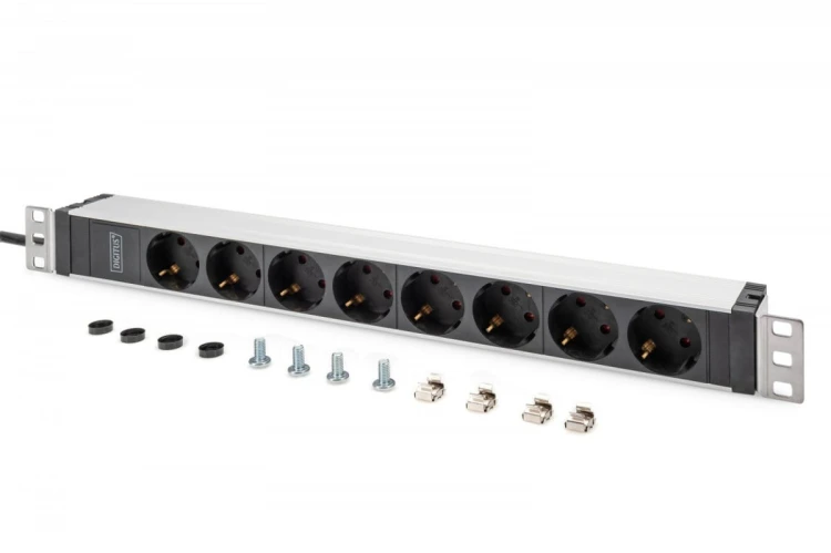 Digitus Listwa zasilająca PDU 19" Rack, 8x gniazdo ze stykami ochronnymi unischuko 16A/230V, 1x wtyczka IEC C20, 16A, przewód zasilający 2 m, Aluminio