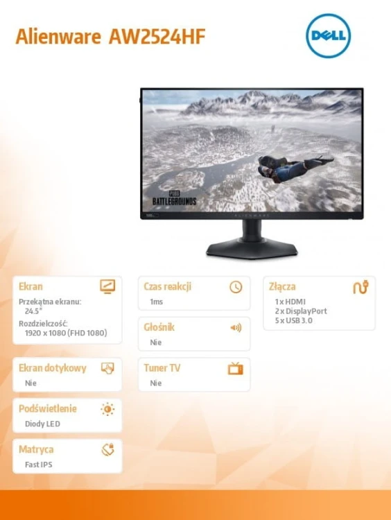 Dell Monitor Alienware AW2524HF 24.5 cala AMD FreeSync Premium 500Hz Full HD (1920x1080)/16:9/DP/HDMI/USB/3Y AES&amp;PPE