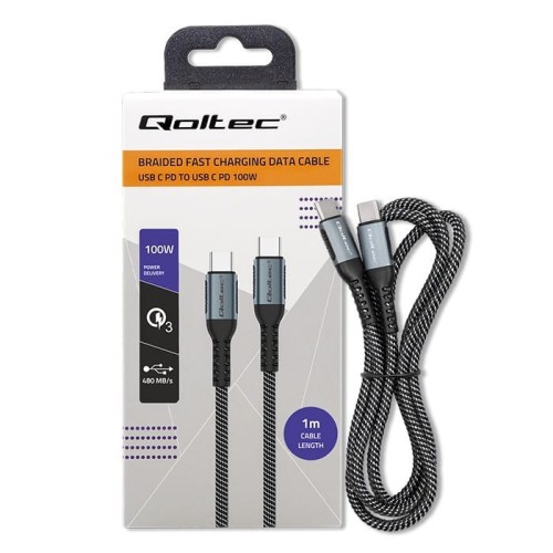Qoltec Kabel USB 2.0 typ C | USB 2.0 typ C 100W | QC 3.0 | PD | 1m |    Czarny