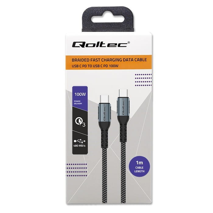 Qoltec Kabel USB 2.0 typ C | USB 2.0 typ C 100W | QC 3.0 | PD | 1m |    Czarny