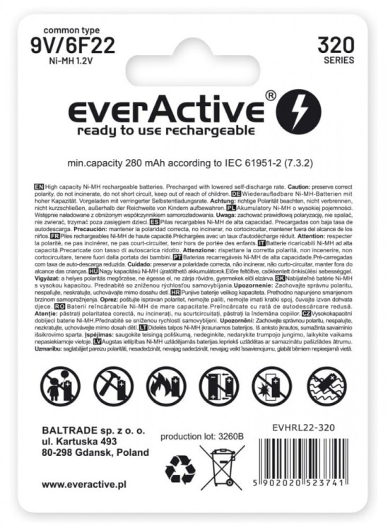everActive Akumulator 6F22/9V Ni-MH 320 mAh 1 szt. ready to use