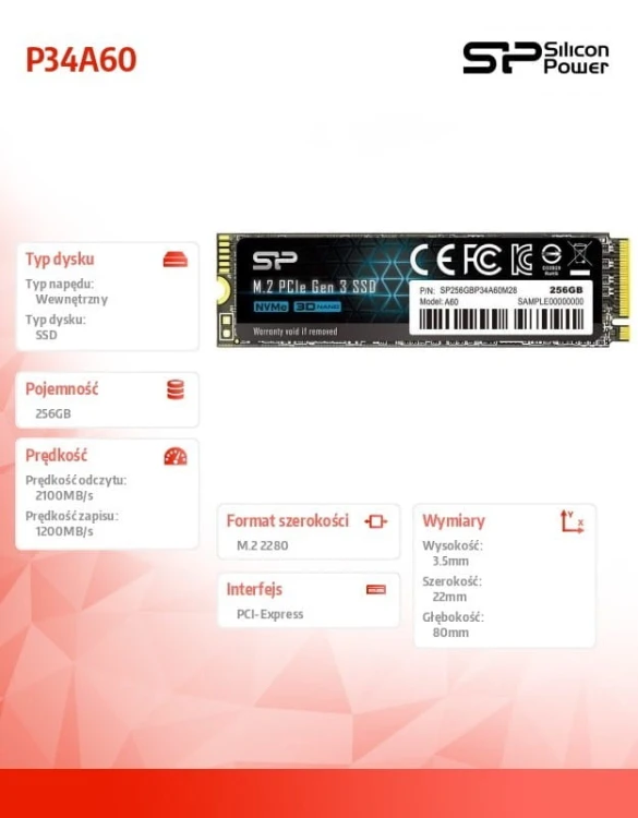 Silicon Power Dysk SSD A60 256GB M.2 PCIe 2100/1200 MB/s NVMe