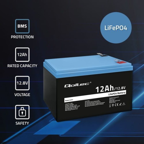 Qoltec Akumulator LiFePO4 Litowo-Żelazowo-Fosforanowy | 12.8V | 12Ah |  153.6Wh | BMS
