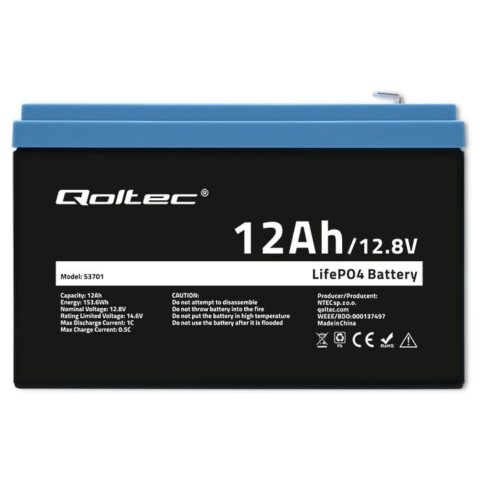 Qoltec Akumulator LiFePO4 Litowo-Żelazowo-Fosforanowy | 12.8V | 12Ah |  153.6Wh | BMS