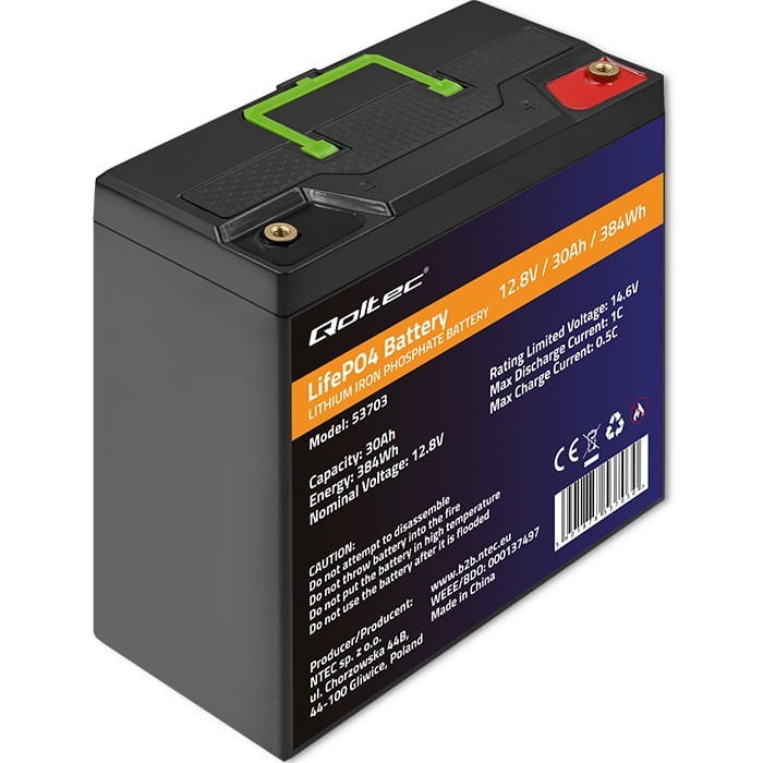 Qoltec Akumulator LiFePO4 Litowo-Żelazowo-Fosforanowy | 12.8V | 30Ah |  384Wh | BMS