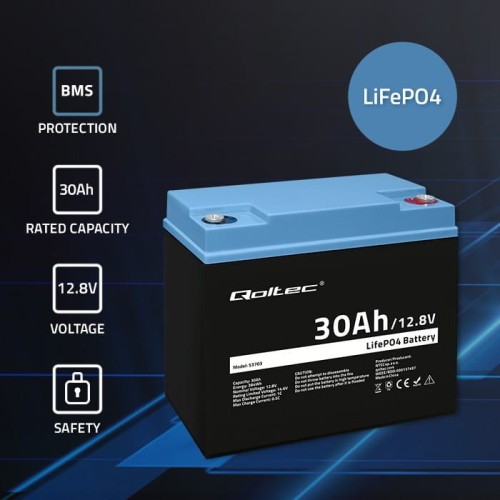 Qoltec Akumulator LiFePO4 Litowo-Żelazowo-Fosforanowy | 12.8V | 30Ah |  384Wh | BMS