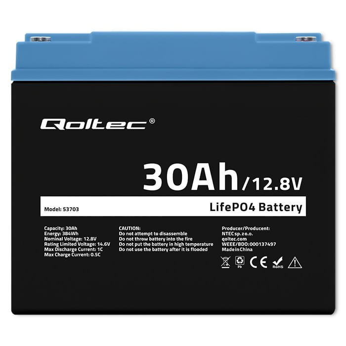 Qoltec Akumulator LiFePO4 Litowo-Żelazowo-Fosforanowy | 12.8V | 30Ah |  384Wh | BMS
