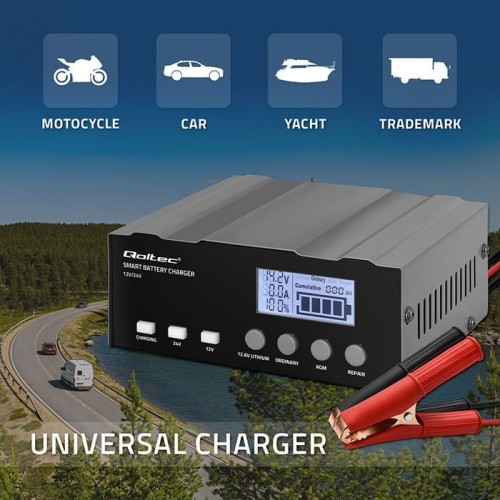 Qoltec Inteligentna mikroprocesorowa ładowarka 12V | 12.6V | 24V |Prostownik z funkcją naprawy do akumulatora AGM GEL LiFePO4 | LCD
