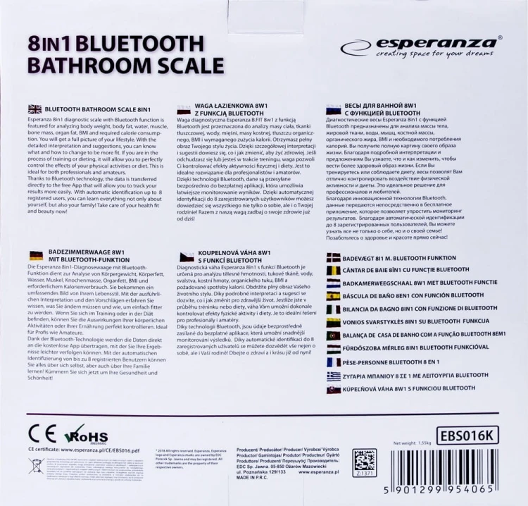 Esperanza WAGA ŁAZIENKOWA 8W1 Z FUNKCJĄ BLUETOOTH B.FIT CZARNA