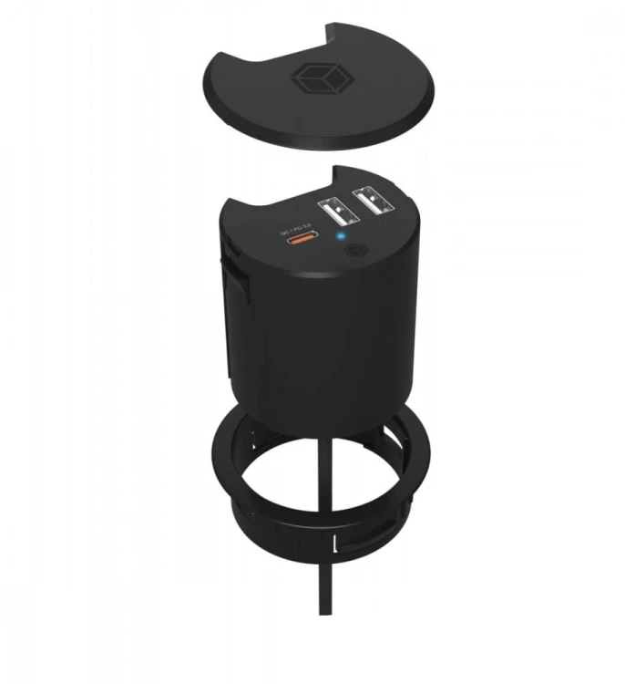 IcyBox IB-HUB1407 3 Port ładowarka do biurka, 2x USB-A, 1x  USB-C, otwór 60mm